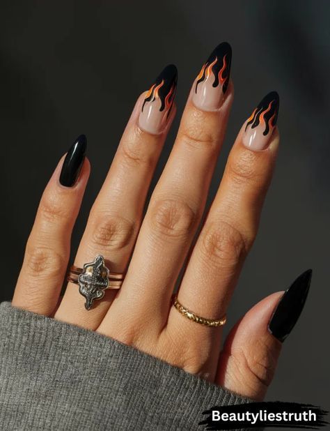 Unique Nails Black, Powerful Nail Designs, Edgy Almond Nails Designs, Unique Black Nail Designs, Rock Chic Nails, Metal Concert Nails, Horror Movie Nail Art, Black Flame Nail Art, Black Nails Flames