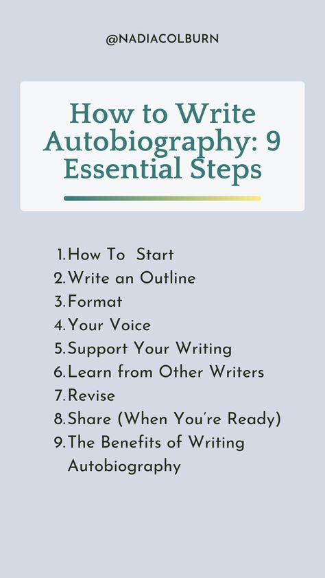 Thinking about the full scope of your life is a powerful first step towards writing your best work. It is helpful for all writers, whether you ultimately want to write memoir, poetry, creative nonfiction, or fiction. When we look at our whole life consciously, with curiosity, we have the power to change our relationship with the past. It is also a powerful tool for self-understanding, healing, growth, and self-realization. Come over to read the 9 essential steps for writing an autobiography! Writing An Autobiography Templates, Autobiography Aesthetic, Best Autobiographies To Read, Writing Autobiography, Memoir Poetry, Autobiography Template, Creative Nonfiction Writing, Expressive Writing, Autobiography Writing