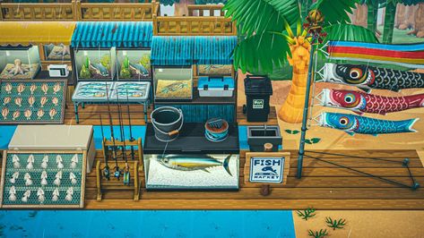 Fish Shop Animal Crossing, Acnh Fish Market Design Codes, Animal Crossing Fish Market, Acnh Fish Market, Acnh Swampcore, Animal Crossing Fish, Jungle Island, Fish Monger, Fish Stand