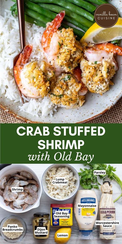 Make your holiday table unforgettable with Crab Stuffed Shrimp. Whether as a starter or the main event, this dish captivates with its succulent crab stuffing, rich buttery goodness, and plenty of Old Bay. A favorite at any gathering. Stuffed Shrimp With Crabmeat Recipes, Crab Stuffed Shrimp Recipe, Crab Breakfast, Stuffed Shrimp With Crabmeat, Imitated Crab Recipes, Crab Stuffing, Crab Appetizers, Crabmeat Stuffing, Crab And Shrimp Recipe