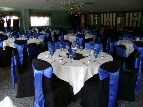 Royal blue and gold wedding Wedding Ideas Blue, Black Tables, Black Chair Covers, Police Wedding, White Tables, Christmas Gala, Quince Stuff, White Chair Covers, Ball Ideas