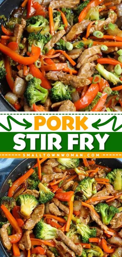 Looking for quick and easy meals? Turn to this pork stir fry recipe for a simple dinner under 30 minutes! Loaded with vegetables in a garlic ginger sesame sauce, this stir fried pork is mouthwateringly good! Dinner Under 30 Minutes, Stir Fried Pork, Pork Stir Fry Recipes, Quick And Easy Meals, Pork Stir Fry, Hot And Sour Soup, Stir Fry Recipe, Sesame Sauce, Pork Dinner