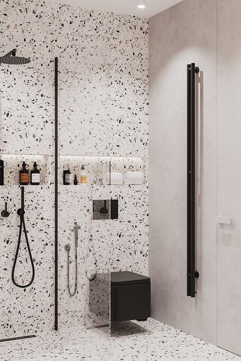 تصميم دورة مياه, Bathroom Wall Tile Design, Terrazzo Bathroom, Dark Bathroom Ideas, Toilet And Bathroom Design, Toilet Room Decor, Washroom Design, Bathroom Design Inspiration, Toilet Design