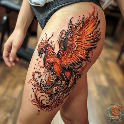 The Symbolism and Significance of the Phoenix Bird Tattoo: A Timeless Design of Rebirth and Renewal: 85 Designs - inktat2.com Phoenix Wings Tattoo Feathers, Phoenix Tattoo On Hip, Pheonix Thigh Tattoos Women, Phoenix And Dragon Tattoo Design, Phoenix Tattoo Ribs, Pheonix Tattoo For Women On Thigh, Phoenix Tattoo On Thigh, Phoenix Tattoo Thigh, Falcon Tattoo Feminine