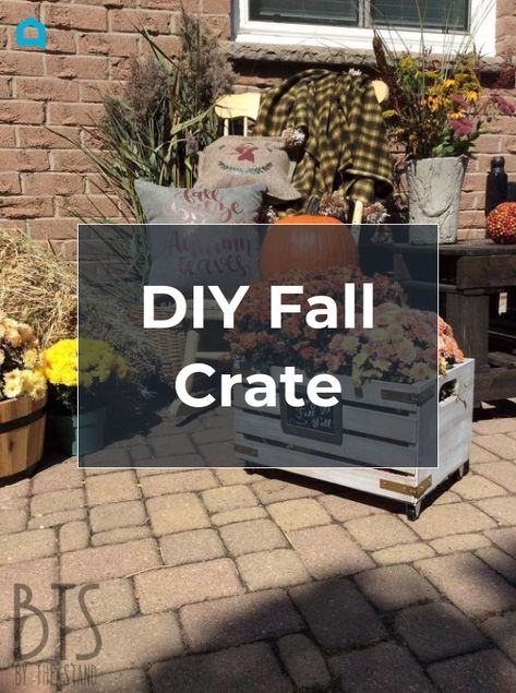 Well it’s that time again! Fall is pretty well here! Today it didn’t feel like it, though — on account of the fact that is was 30 degrees. That didn’t stop me from decking out my front porch, though!Before we get into the fancy pictures of my porch, let's take a look at the DIY fall crate that I made.     I picked up an unfinished crate from Home Depot, some caster wheels, corner braces and I also used paint from The Old Fashioned Milk Paint Company. The colours that I chose were Drift… Fall Wooden Crate Decor, Crate Fall Decor Ideas, Fall Crate Decor, Wood Crate Ideas, Fall Porch Decor With Crates, Wood Box Decor, Metal Milk Crates, Crate Decor, Mini Crates