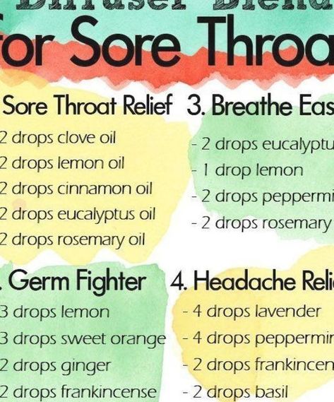 Diffuser Blends For Sore Throat, Sore Throat Essential Oils, Oils For Sore Throat, For Sore Throat, Health Coconut Oil, Sore Throat Relief, Essential Oil Diffuser Blends Recipes, Essential Oil Diffuser Recipes, Oil Diffuser Recipes