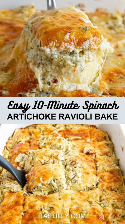 Welcome to easy dining! If you have 10 minutes to make dinner, this recipe is for you. Perfectly creamy and cheesy, Spinach Artichoke Ravioli Bake guarantees a freshly baked pasta dish with minimal effort. Spinach Artichoke Ravioli, Artichoke Ravioli, Ravioli Bake, Cheesy Spinach, Ravioli Recipe, Baked Pasta, Artichoke Recipes, Pasta Dinners, Spinach Artichoke