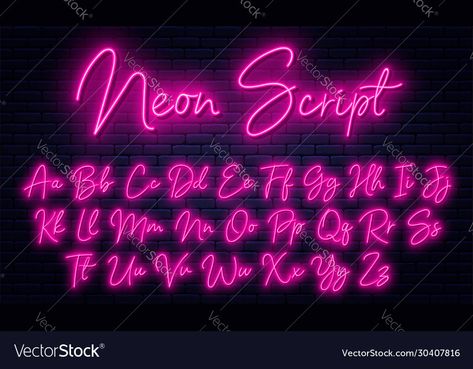 Neon Sign Font Lettering, Cursive Neon Sign, Neon Font Alphabet, Neon Sign Lettering, Neon Lettering Painting, Painted Neon Letters, Neon Font Design, How To Paint Neon Letters, How To Draw Neon Letters