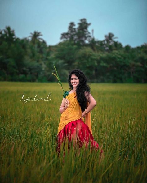 Half Saree Outdoor Stills, Pongal Photography, Pongal Photoshoot, Nature Photoshoot Men, Outdoor Stills, Saree Photo Poses, Saree Function, Half Saree Function, Nature Photoshoot