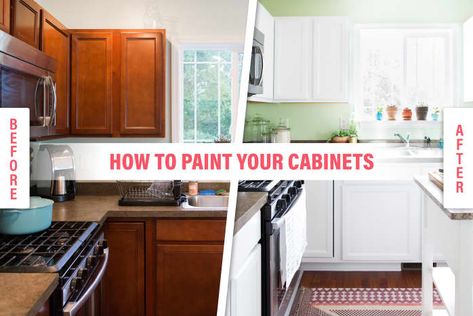 How To Paint Wood Kitchen Cabinets with White Paint | Kitchn Spray Paint Kitchen Cabinets, Wood Cupboards, Wooden Kitchens, Painting Kitchen Cabinets White, Model Dapur, Wooden Kitchen Cabinets, Paint Cabinets White, Kabinet Dapur, New Kitchen Cabinets