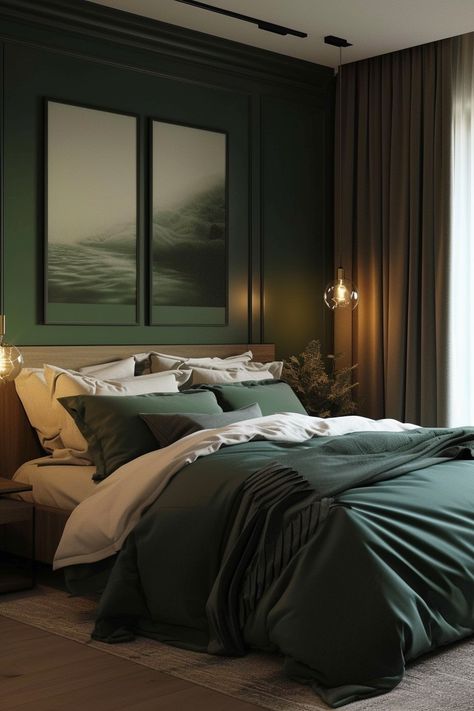 Dark Olive Bedroom Ideas, Mossy Green Bedroom, Dark Green And Beige Bedroom, Realistic Bedroom Ideas, Calm Bedroom Aesthetic, Green And Brown Bedroom, Forest Green Bedroom, Desk Remodel, Hobbit Room