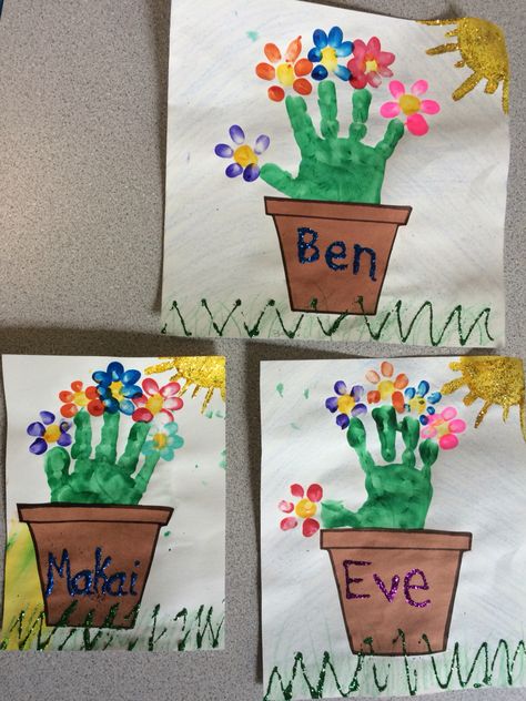 Spring has sprung! we made these cute handprint flowerpots with fingerprint petals Plants Preschool Crafts, Handprint Vase Craft, Toddler Flower Craft, Watering Can Crafts For Toddlers, Plant And Garden Crafts For Preschool, Spring Has Sprung Crafts For Preschool, Finger Print Flowers Preschool, Handprint Garden, Spring Has Sprung Preschool Activities