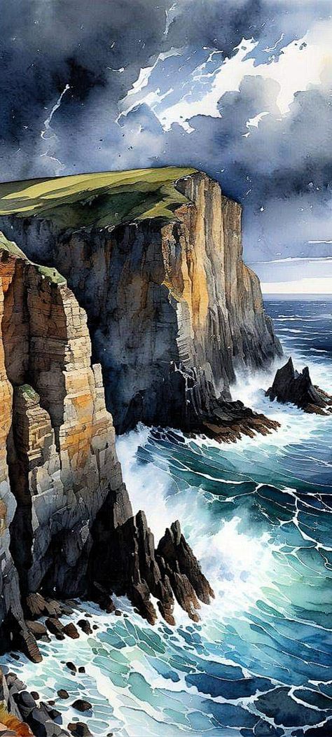 Painting Watercolor Landscape, Watercolor Cliff, Watercolour Sky, Watercolor Seascapes, Ocean Landscape Painting, Seascapes Art, Watercolor Art Landscape, Drawing Prompts, Ocean Landscape