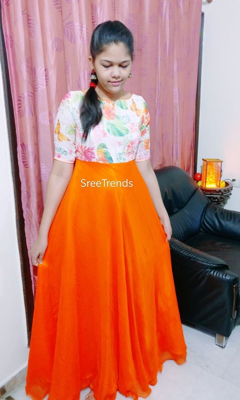 Georgette  white and orange combination boat neck long frock - SreeTrends Orange Frocks For Women, Orange Combination Dress, Georgette Long Frocks, Long Frock Models, Handwork Designs, Simple Anarkali, Frock Models, Anarkali Designs, Orange Gown