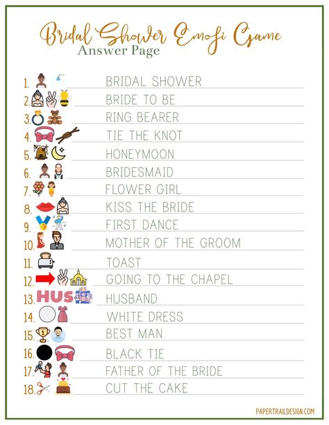 Print the emoji bridal shower game answers so you don't have to worry about who is the winner of the emoji bridal shower game Bridal Shower Emoji Game Free Printable, Fun Bridal Shower Games Free Printable, Emoji Bridal Shower Game, Bridal Emoji Pictionary, Diy Meal Planner, Christmas Party Planner, Paper Trail Design, Free Emoji, Fun Bridal Shower Games