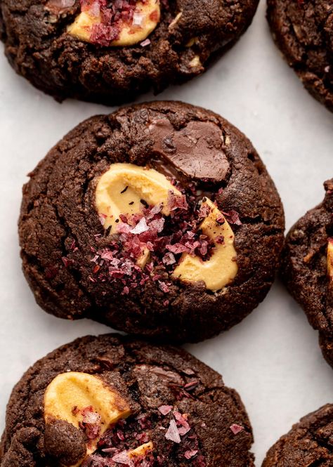 Dark Chocolate Chunk Cookies with Passionfruit and Hibiscus Salt Healthy Trifle Recipes, Hibiscus Salt, Healthy Trifle, Salty Tart, Fruit Scones, Cookies With Chocolate, Fruit Cookies, Dark Chocolate Cookies, White Chocolate Cookies