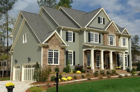 Don't want the brick, but the overall light color with cream trim is appealing.  Maybe a little to green. Sage Green House Exterior, Sage Green House, Green House Exterior, Green Siding, Black Shutters, Exterior House Color, Siding Colors, Pintura Exterior, Exterior Paint Color