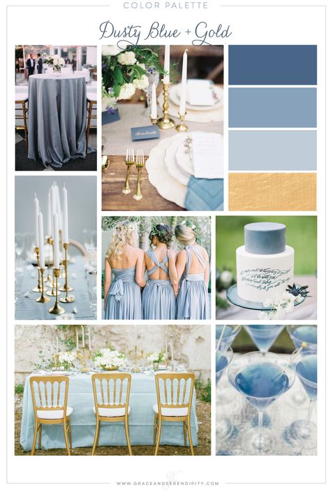 Dusty Blue And Gold Wedding, Gold Wedding Color Palette, Blue And Gold Wedding, Blue Gold Wedding, Wedding Color Palettes, Blue And White Wedding, Wedding Motifs, Gold Wedding Colors, Beach Wedding Colors