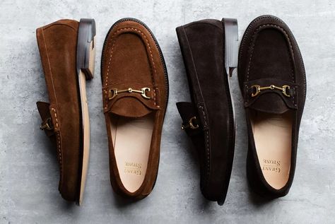 Grant Stone Renders its Horsebit Loafer in Two Gorgeously Earthy Suedes Grant Stone, Brown Business Loafers With Horsebit Detail, Men's Luxury Timeless Moccasins, Brown Formal Loafers With Horsebit Detail, Luxury Brown Loafers With Horsebit Detail, High Taper, Luxury Men's Horsebit Loafers, Ivy Look, Custom Jeans