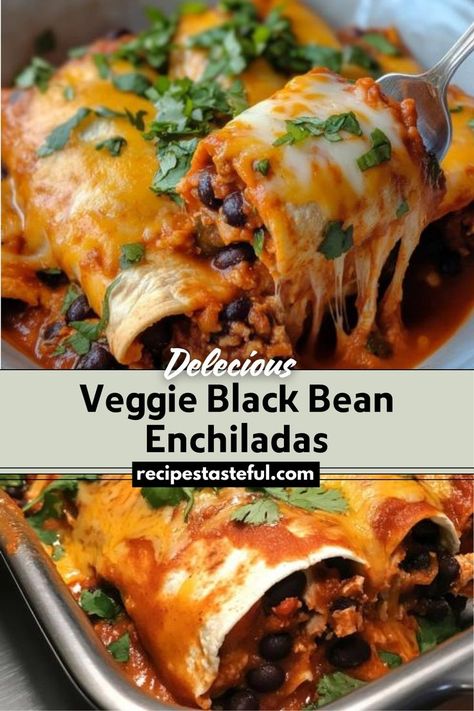 These Veggie Black Bean Enchiladas are a flavorful and hearty dish featuring a blend of sautéed vegetables and black beans wrapped in tortillas and topped with a homemade enchilada sauce and melted cheese. Perfect for a nutritious weeknight dinner or a casual gathering, these enchiladas are both satisfying and customizable. Bean And Cheese Enchiladas, Vegetable Enchiladas, Veggie Enchiladas, Vegan Enchiladas, Vegetarian Enchiladas, Black Bean Enchiladas, Black Bean Recipes, Homemade Enchilada Sauce, Bean Enchiladas