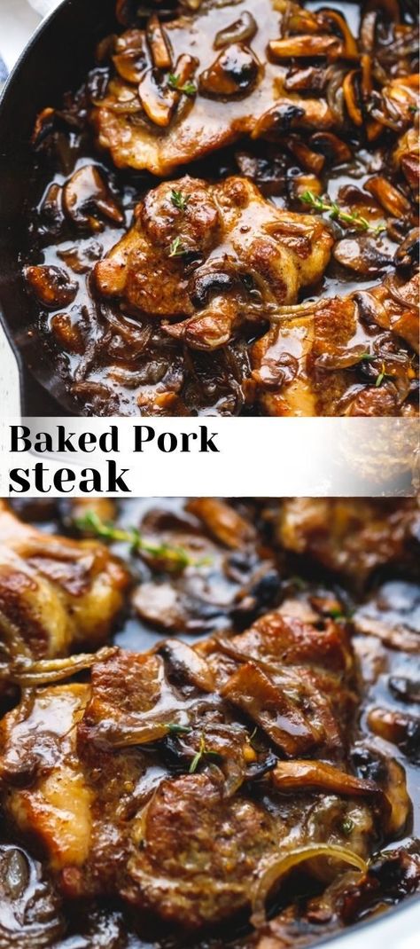 Baked Pork Steak Recipe – tender and juicy pork shoulder steaks, lightly browned on the stove top and then cooked in the oven together with mushrooms and onions for a quick and effortless meal. Very easy to make and delicious. Keto and low-carb. Pork Steak Oven, Pork Shoulder Steak Recipes, Pork Shoulder Steaks, Baked Pork Steak, Pork Shoulder Steak, Pork Steak Recipe, Pork Steaks, Steak In Oven, Mushrooms And Onions