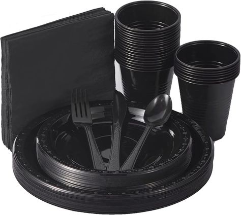 Amazon.com: 175 PCS Black Party Supplies Disposable Dinnerware Set Plastic Plates and Paper Napkins Cups Silverware Serve 25 Sets for Birthday Bridal Shower Wedding Engagement Graduation Parties : Health & Household Black Tableware Wedding, Fancy Halloween Party, Black Plastic Plates, Black Tableware, Plastic Dinnerware Sets, Gold Graduation Party, Painting Birthday, Gold Dinnerware, Wooden Cutlery