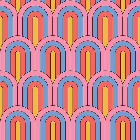 Retro summer 70s rainbow stripes seamless pattern. Retrowave 80s art retro background. Striped arches in groovy 1970s style. Abstract geometric vector illustration.. Retro Pattern Geometric, Summer 70s, 70s Rainbow, 80s Art, Pattern Design Inspiration, Retro Photography, Abstract Pattern Design, Geometric Vector, Retro Vector