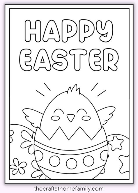 Mockup of Easter colouring card with cute Easter chick popping out of an egg Happy Easter Crafts For Kids, Happy Easter Coloring Pages, Printable Easter Cards, Easter Card Printable, Easter Kindergarten, Easter Worksheets, Easter Drawings, Kindergarten Colors, Easter Templates