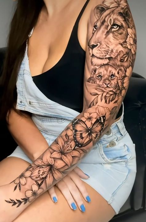 Women Sleeves Design Tattoo, Badass Sleeve Tattoos For Women, Tatto Sleeves Girl, Girl Arm Sleeve Tattoo, Lion With Flowers Tattoo For Women, Realistic Tattoo Sleeve Women, Tattoo Manga Mujer, Elephant Sleeve Tattoos For Women, Lion Sleeve Tattoo Woman