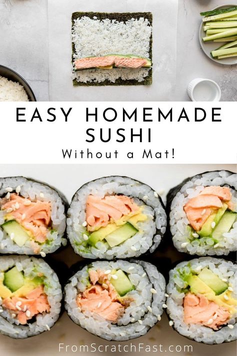 How Do You Make Sushi At Home, Simple Sushi Rolls At Home, How To Make Sushi Without Mat, Cooked Salmon Sushi, Cooked Salmon Sushi Recipes, How To Roll Sushi Without Mat, Roll Sushi Without Mat, Easy Sushi Rolls At Home Without Seaweed, Homemade Sushi Without Seaweed