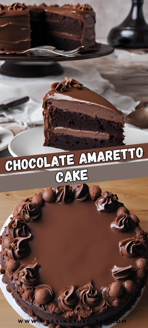 🍫🍰 Indulge in the luxurious blend of rich chocolate and smooth amaretto with this Chocolate Amaretto Cake! Moist chocolate layers paired with creamy amaretto frosting and topped with a decadent chocolate ganache make for a perfect dessert. Ideal for any celebration or a special treat! #ChocolateAmarettoCake #DecadentDesserts #BakingJoy #AmarettoLovers #myskinnyrecipes  🍫✨ Chocolate Amaretto Cake, Almond Amaretto Pound Cake, Amaretto Frosting, Almond Amaretto Cake, Desserts With Marscapone, Chocolate Layered Cake, Amaretto Desserts, Amaretto Recipes, Chocolate Birthday Cake Ideas