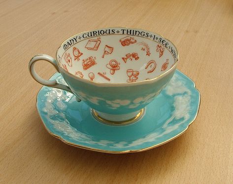 Paragon Fortune Telling Teacup.  c.1932. Pale blue with raised cloud pattern and gilding. Inside it reads "Many curious things I see when telling fortunes in your tea". There are also many interesting symbols to assist in the tea leaf reading process. Reading Tea Leaves, Tea Reading, Vintage Teacups, Teapots And Cups, Fortune Telling, My Cup Of Tea, China Patterns, Tea Cups Vintage, Beautiful Dishes