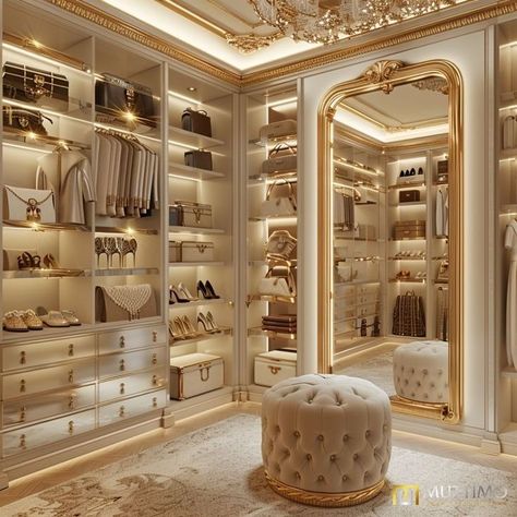 Elegant Walking Closet, Dream Closet Mirror, Luxury Wardrobe Aesthetic, Closet Designs Big, Rich Closet Aesthetic, Rose Gold Walk In Closet, Massive Walk In Wardrobe, Luxury Women Closet, Celebrity Walk In Closet