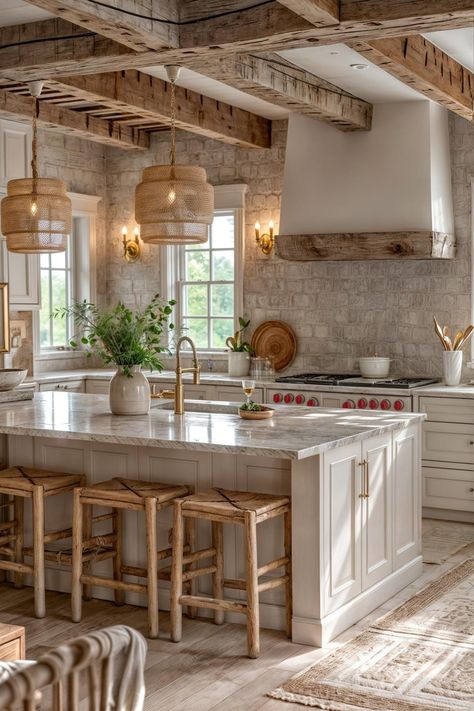 Modern Country Home Kitchen, Provence Kitchen Design, Wood Base Cabinets White Uppers, Country Farmhouse Interior Design, Kitchen With Arches, Big Country Kitchen, Parisian Modern Kitchen, Mediterranean Kitchen Design Rustic, High Kitchen Ceiling