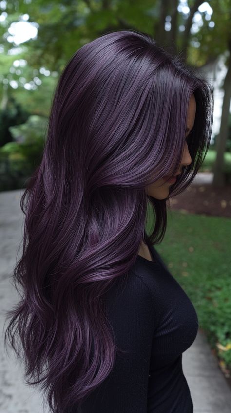 💄 Glamorous Dark Fall Dark Fall Hair Colors For Brunettes Long Inspiration 💁 Purple Dark Hair Color, Dark Dark Purple Hair, Burgundy Hair With Purple, Brunette Purple Ombre, Hair Colour Ideas Dark, Dark Plum Hair With Highlights, Black Violet Hair Color, All Over Color Brunette, Black Plum Hair