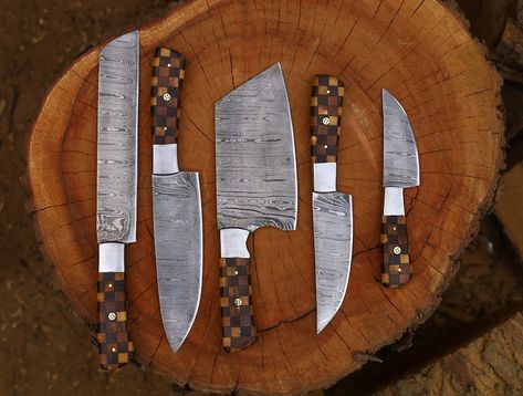 Damascus chef knives set Kitchen Knives Set, Damascus Chef Knives, Chef Knife Set, Chef Knives, Knife Set Kitchen, Birthday Gift For Him, Kitchen Handles, Chef Knife, Father's Day Gifts