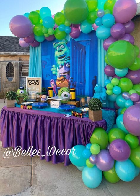 Monsters Inc One Year Birthday, Monsters Inc Backdrop Party Ideas, Monsters Inc Photo Booth, Monster Inc Backdrop, First Birthday Monsters Inc, Monsters Inc Birthday Backdrop, Monster Inc Bday Party, 2nd Birthday Monsters Inc, First Birthday Monsters Inc Theme