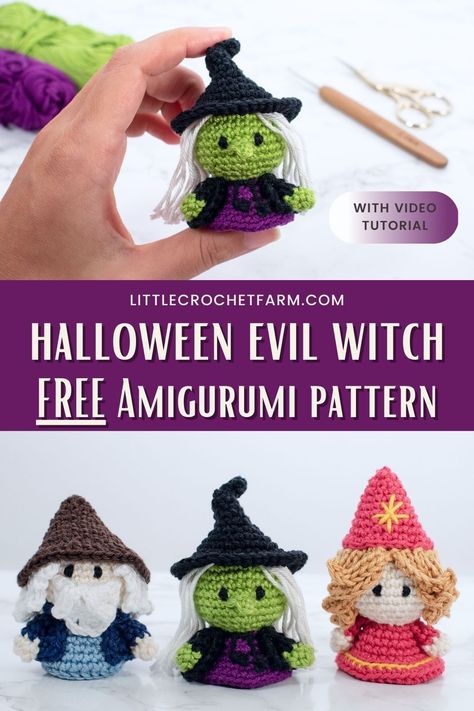 Evil Witch mini amigurumi free pattern Mini Amigurumi Free Pattern, Crocheted Halloween, Amigurumi Collection, Crochet Farm, Amigurumi Projects, Halloween Amigurumi, Crocheted Animals, Halloween Craft Projects, Mini Amigurumi