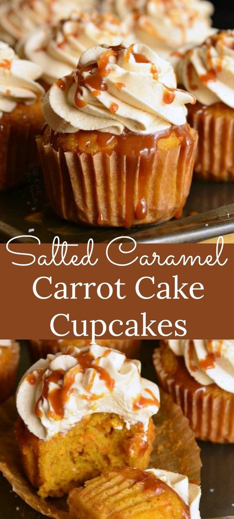 Salted Caramel Carrot Cake Cupcakes. Soft and moist carrot cakes are topped with Caramel Cream Cheese Frosting and topped with caramel drizzle and a sprinkle of salt. #cupcakes #carrot #caramel #dessert #frosting #creamcheesefrosting Fall Carrot Cake Cupcakes, Caramel Carrot Cake Recipe, Best Carrot Cupcake Recipe, Carrot Dessert Recipes, Carrot Cake With Caramel, Friendsgiving Cake, Carrot Caramel, Caramel Carrot Cake, Birthday Carrot Cake