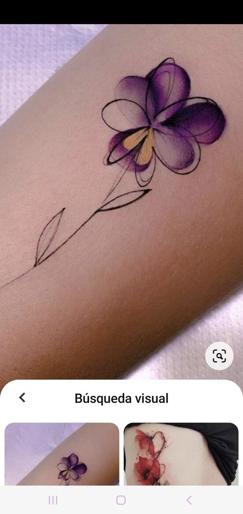 Purple Tatooes, Violet Tattoo Watercolor, Purple Sunflower Tattoo, Purple Watercolor Tattoo, Black And Purple Tattoos, Purple Daisy Tattoo, Viola Tattoo, Watercolour Flower Tattoo, Purple Ink Tattoo