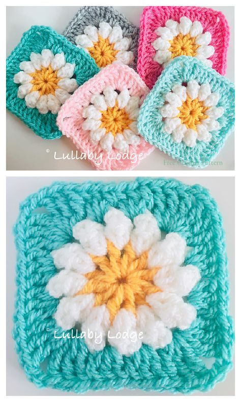 Crochet Daisy Granny Square Free Crochet Patterns + Video Crochet Daisy Granny Square, Crochet Flower Granny Square Pattern, Daisy Granny Square, Crochet Flower Squares, Squares Crochet, Poncho Crochet, Granny Square Crochet Patterns Free, Crocheted Patterns, Crocheted Items