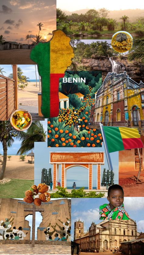 #collage #aesthetic #country #travel #Benin #BeninFood #culture #Africa #viralpost Benin Culture, Tourism Aesthetic, Benin City Nigeria, Africa Aesthetic, Benin Flag, Countries In Africa, Aesthetic Country, 2025 Goals, Benin City