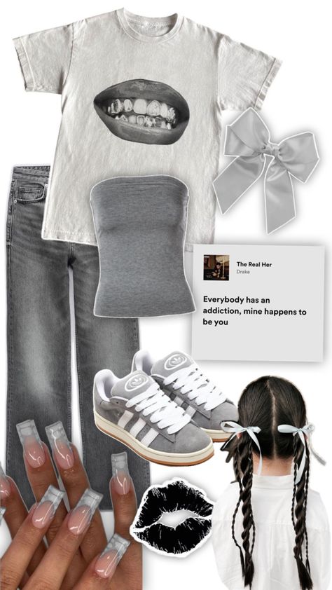 a grey graphic tee with a grey tube top underneath, and a dark grey pair of jeans. the shoes are grey adidas campus 00s. and has a cute hairstyle with grey bows! Grey Graphic Tee Outfit, Grey Graphic Tee, Graphic Tee Outfit, Graphic Tee Outfits, Tee Outfit, Graphic Tee, Graphic Tees, My Style, Outfit Inspo