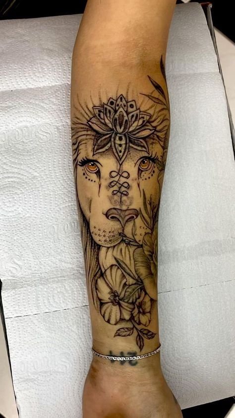 Tattoo Women Leg, Women Leg Tattoos, Mandala Forearm Tattoo, Fierce Tattoo, Unique Half Sleeve Tattoos, Women Half Sleeve, Lioness Tattoo, Women Tattoos, Tattoos For Women Half Sleeve