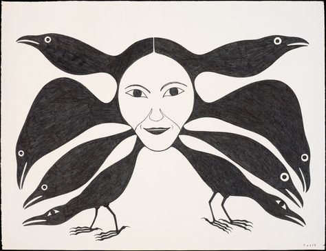 Kenojuak Ashevak, Expressive Drawing, Fertility Goddess, Story Illustration, Cape Dorset, Black Birds, Inuit Art, Raven Art, Women Artists