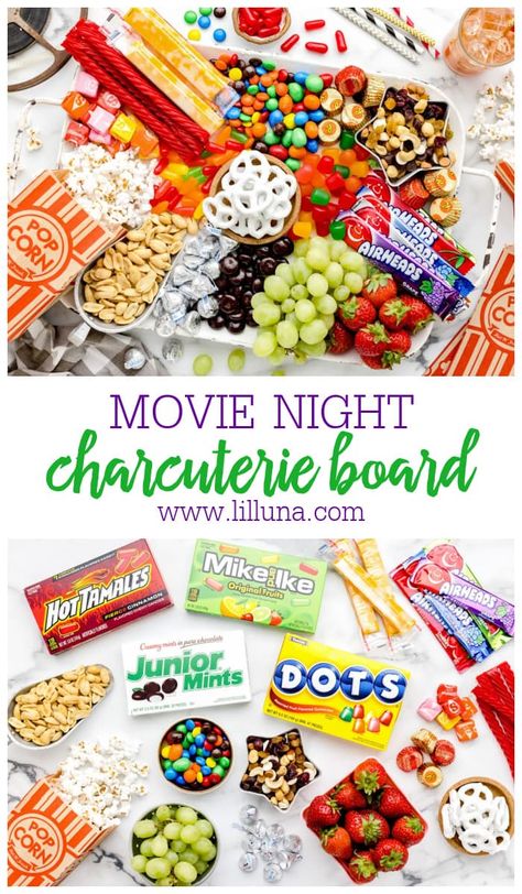 This Movie Night Charcuterie Board is the ultimate snack platter for all of your movie munching needs. It's customizable and SO fun! #charcuterie #charcuterieboard #movienight #snacks Friday Night Charcuterie Board, Movie Night Charcuterie, Movie Night Charcuterie Board, Homemade Kettle Corn, Small Charcuterie, Yogurt Pretzels, Snack Boards, Snack Hacks, Homemade Popcorn