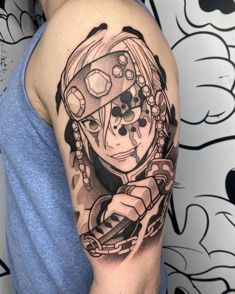 Ig: donniebydesign Demon Slayer Tattoo Tengen, Tengen Tattoo Ideas, Demon Slayer Tattoo Zenitsu, Tengen Tattoo, Tengen Uzui Tattoo, Kimetsu No Yaiba Tattoo, Leg Sleeve Tattoos, Leg Tattoo Ideas, Slayer Tattoo