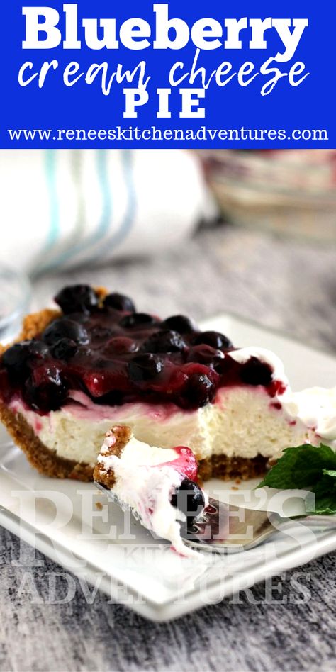 Blueberry Cream Cheese Pie by Renee's Kitchen Adventures. You are going to love this recipe for Blueberry Cream Cheese Pie. Sweet graham cracker crust filled with a luscious cream cheese layer all topped with delightful fresh blueberries.This no bake recipe won't heat up your kitchen either! #RKArecipes Blueberry Cream Cheese Pie, Fresh Blueberry Recipes, Cream Cheese Pie Recipes, Blueberry Cream Pies, Blueberry Desserts Recipes, Grilled Bacon, Graham Cracker Recipes, Homemade Graham Cracker Crust, No Bake Recipe