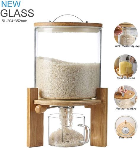 Flour and Cereal Container, Rice Dispenser 5L/8L, Creative Glass Food Storge Container for Kitchen Organization and Pantry Store, Airtight Lid and Wooden Stand5L #AD Sugar Flour Containers, Food Organisation, Bulk Store, Rice Dispenser, Flour Container, Amazon Kitchen Must Haves, Kitchen Storage Hacks, Cereal Containers, Cereal Dispenser