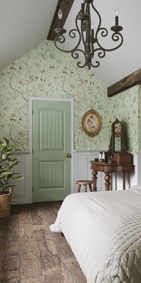 Green two-panel door with planks in a cottagecore bedroom with green print wallpaper and wood floors Anne Of Green Gables Interior, Anne Of Green Gables Aesthetic Bedroom, Anne Of Green Gables House Interior, Farmcore Bedroom, Anne Of Green Gables Bedroom, Cottage Core Home Decor Ideas, Cottage Core House Decor, Green Cottage Bedroom, Cottage Core Door